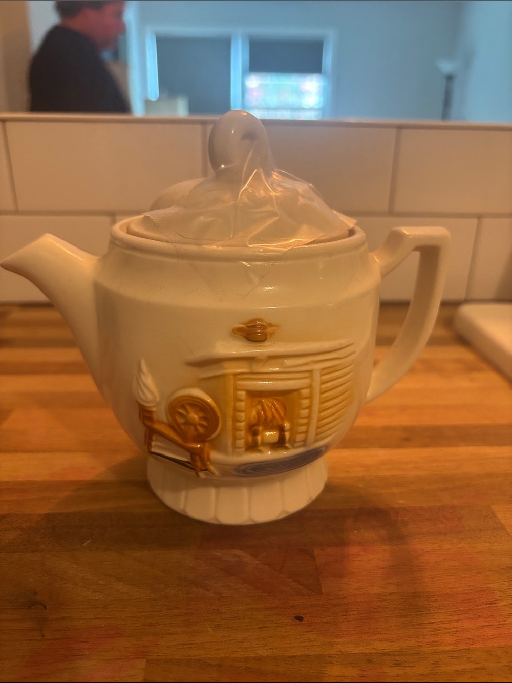 Cream Ceramic Teapot with Raised Cottage Motif - Home Kitchen